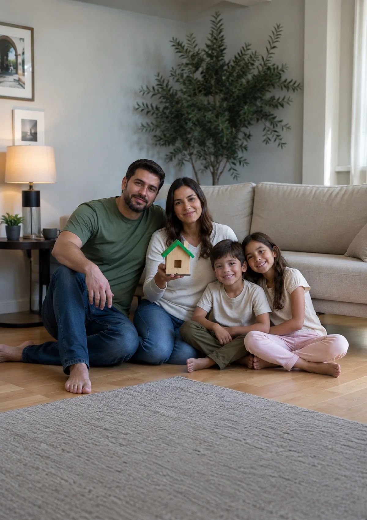 Família reunida em casa segurando uma miniatura de casa, representando o sonho de comprar o imóvel com o nome limpo