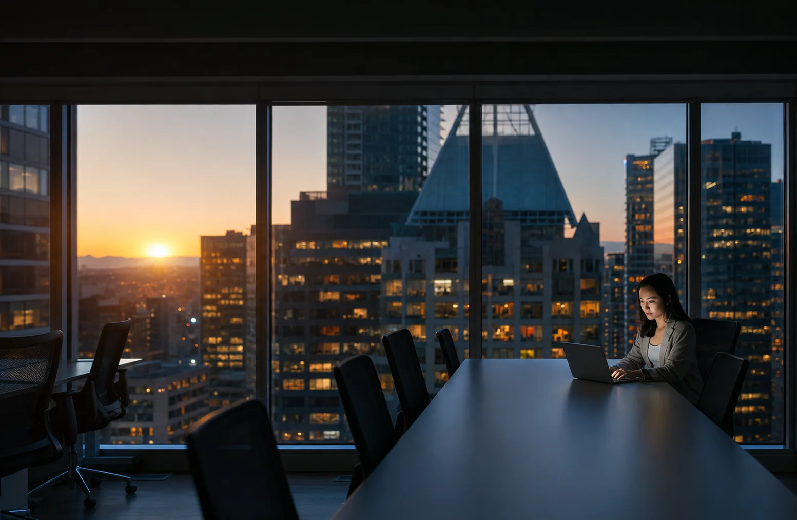 Sala de reunião ao entardecer, com vista da cidade